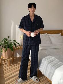 DAZY 男士純色襯衫T恤睡衣套裝，夏季格紋 - 藏蓝色 - 查看 2