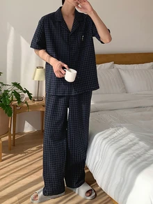 DAZY 男士純色襯衫T恤睡衣套裝，夏季格紋 - 藏蓝色 - 查看 7