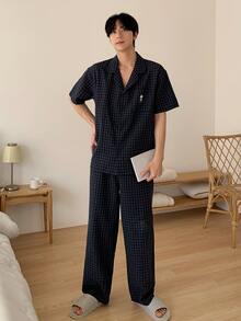 DAZY 男士純色襯衫T恤睡衣套裝，夏季格紋 - 藏蓝色 - 查看 6