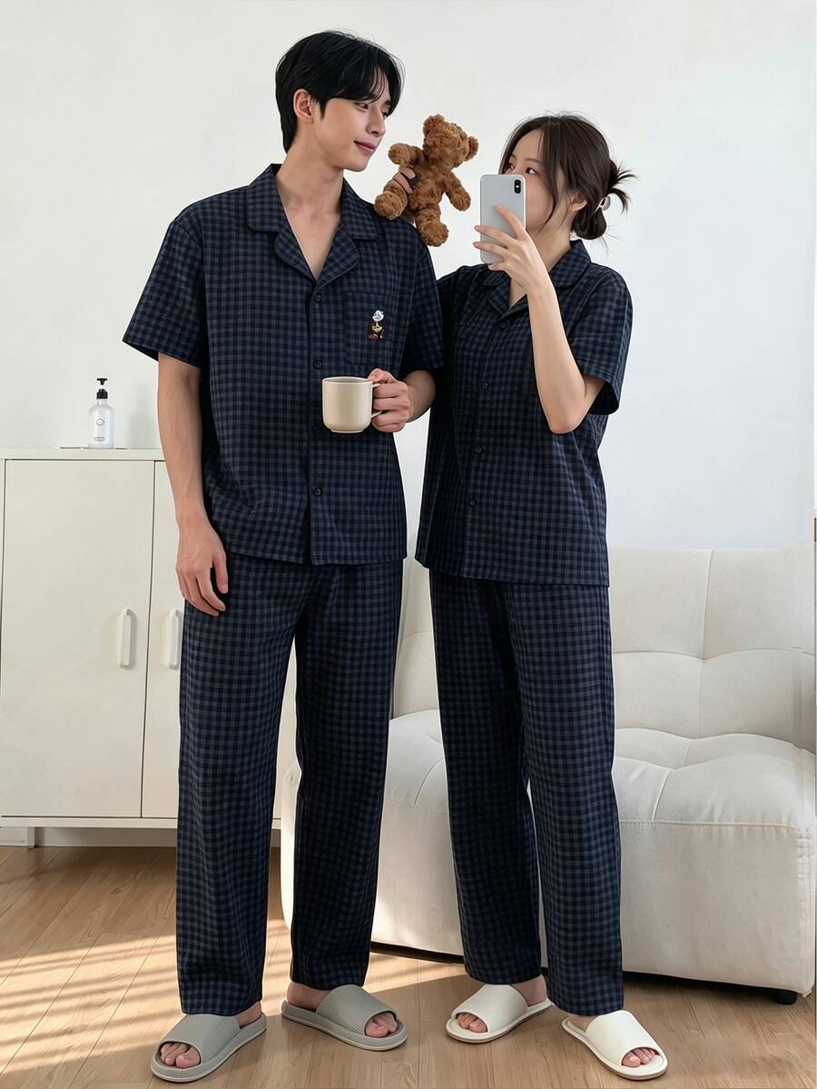 DAZY 男士純色襯衫T恤睡衣套裝,夏季格紋 - 藏蓝色 - 查看 1