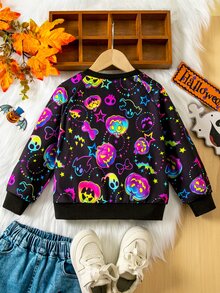 SHEIN Gadis Muda Gadis Muda Gadis Muda Gadis Muda Kaus Lengan Panjang Leher Bulat Bercahaya dalam Gelap Musim Gugur Halloween - Hitam - View 8