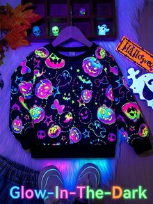 SHEIN Gadis Muda Gadis Muda Gadis Muda Gadis Muda Kaus Lengan Panjang Leher Bulat Bercahaya dalam Gelap Musim Gugur Halloween - Hitam - View 4