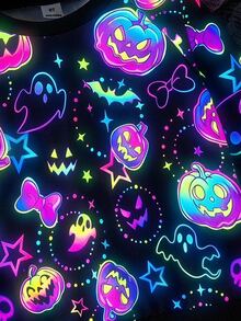 SHEIN Gadis Muda Gadis Muda Gadis Muda Gadis Muda Kaus Lengan Panjang Leher Bulat Bercahaya dalam Gelap Musim Gugur Halloween - Hitam - View 5