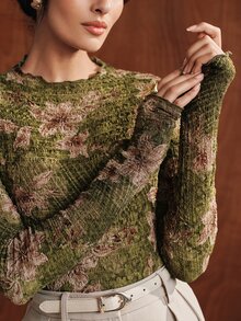 Anewsta Women's Elegant Printed High Elasticity Base Layer Top - Green - View 1