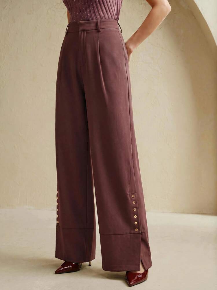 Anewsta Urban Modern Women's Wine Red High Waist Pleated Wide Leg Suit Trousers, Button Decor Office Business Formal Pants For Spring/Fall - Rust Brown - View 4