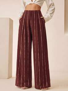 Anewsta Women's Rose Gold Striped Casual Mature Versatile Daily Wear Suit Pants For Dinner, Office, Autumn - Burgundy - View 4