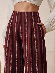 Anewsta Women's Rose Gold Striped Casual Mature Versatile Daily Wear Suit Pants For Dinner, Office, Autumn - Burgundy - View 1