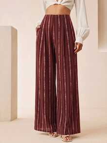 Anewsta Women's Rose Gold Striped Casual Mature Versatile Daily Wear Suit Pants For Dinner, Office, Autumn - Burgundy - View 6