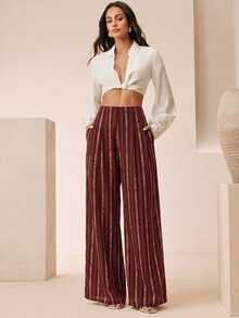 Anewsta Women's Rose Gold Striped Casual Mature Versatile Daily Wear Suit Pants For Dinner, Office, Autumn - Burgundy - View 7