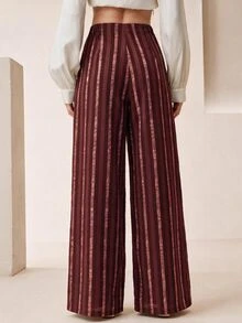 Anewsta Women's Rose Gold Striped Casual Mature Versatile Daily Wear Suit Pants For Dinner, Office, Autumn - Burgundy - View 2
