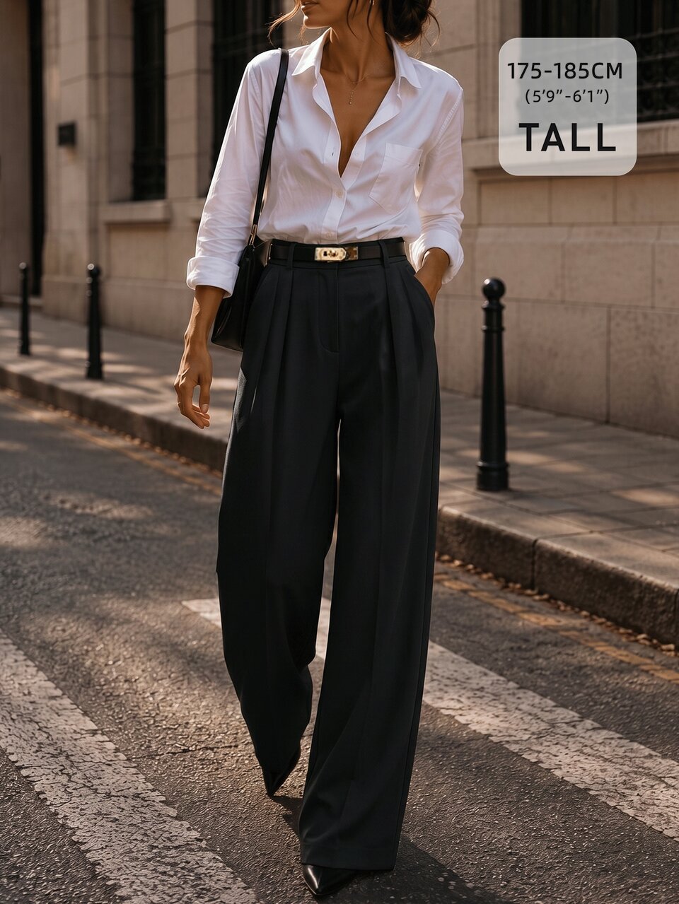 Fashionable Modern Black Long Pants Commuter Casual Belt Tall Women's Dress Pants