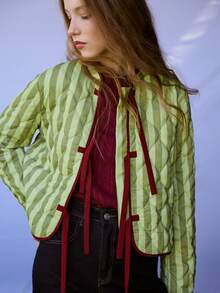 Nöista Padded Jacket With Green Stripes And Burgundy Ties. Fall Winter Outerwear, Casual, Special Occasions. - Olive Green - View 1