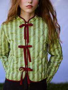 Nöista Padded Jacket With Green Stripes And Burgundy Ties. Fall Winter Outerwear, Casual, Special Occasions. - Olive Green - View 2