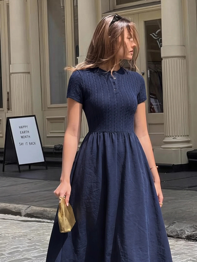 SHEIN MOD Navy Blue Cable Knit Texture Button Decor Round Neck Dress