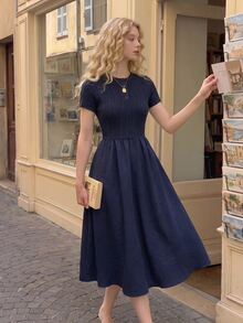SHEIN MOD Navy Blue Cable Knit Texture Button Decor Round Neck Dress - Navy Blue - View 3