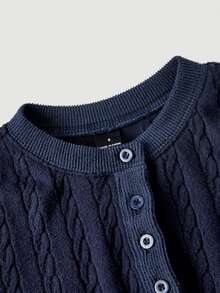 SHEIN MOD Navy Blue Cable Knit Texture Button Decor Round Neck Dress - Navy Blue - View 6