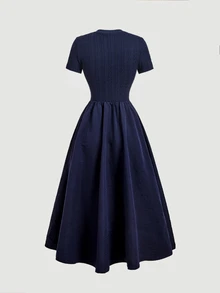 SHEIN MOD Navy Blue Cable Knit Texture Button Decor Round Neck Dress - Navy Blue - View 5