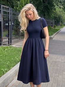 SHEIN MOD Navy Blue Cable Knit Texture Button Decor Round Neck Dress - Navy Blue - View 2