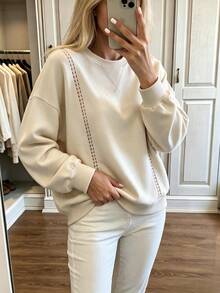 Weeklong Höst/Vinter sweatshirt för dam i plus size med rund hals, spetskant och patchwork, avslappnad elegant vardags- och formell topp för kvällsbruk, pendling och utgång, basic countrystil - Aprikos - Visa 4