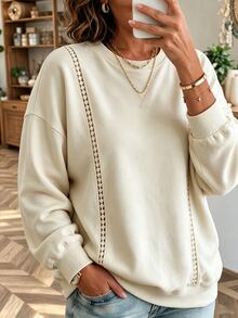 Weeklong Höst/Vinter sweatshirt för dam i plus size med rund hals, spetskant och patchwork, avslappnad elegant vardags- och formell topp för kvällsbruk, pendling och utgång, basic countrystil - Aprikos - Visa 2