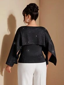 Cravure Blus Pesta Elegan Wanita Ukuran Plus Bermotif Bintang dan Payet, Lengan Jubah Leher Bulat dengan Pinggang Berkerut untuk Musim Gugur. - Hitam - View 3
