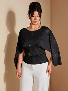 Cravure Blus Pesta Elegan Wanita Ukuran Plus Bermotif Bintang dan Payet, Lengan Jubah Leher Bulat dengan Pinggang Berkerut untuk Musim Gugur. - Hitam - View 5