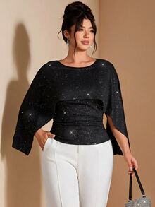 Cravure Blus Pesta Elegan Wanita Ukuran Plus Bermotif Bintang dan Payet, Lengan Jubah Leher Bulat dengan Pinggang Berkerut untuk Musim Gugur. - Hitam - View 4