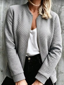 Weeklong Women's Plus Size Spring/Autumn Single Piece Diamond Embossed Stand Collar Zipper Long Sleeve Loose Casual Daily Commute Baseball Jacket Fall - Light Grey - View 1