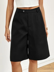 SHEIN Tall Solid Slant Pocket Bermuda Shorts Office Business Black Summer Casual Plain - Black - View 6
