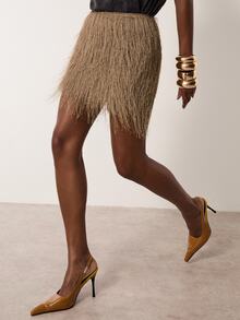 MERLEAU Women's Modern Faux Fur Tassel Mini Skirt - Brown - View 7