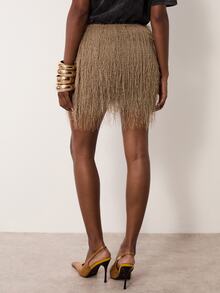 MERLEAU Women's Modern Faux Fur Tassel Mini Skirt - Brown - View 2