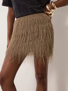 MERLEAU Women's Modern Faux Fur Tassel Mini Skirt - Brown - View 6