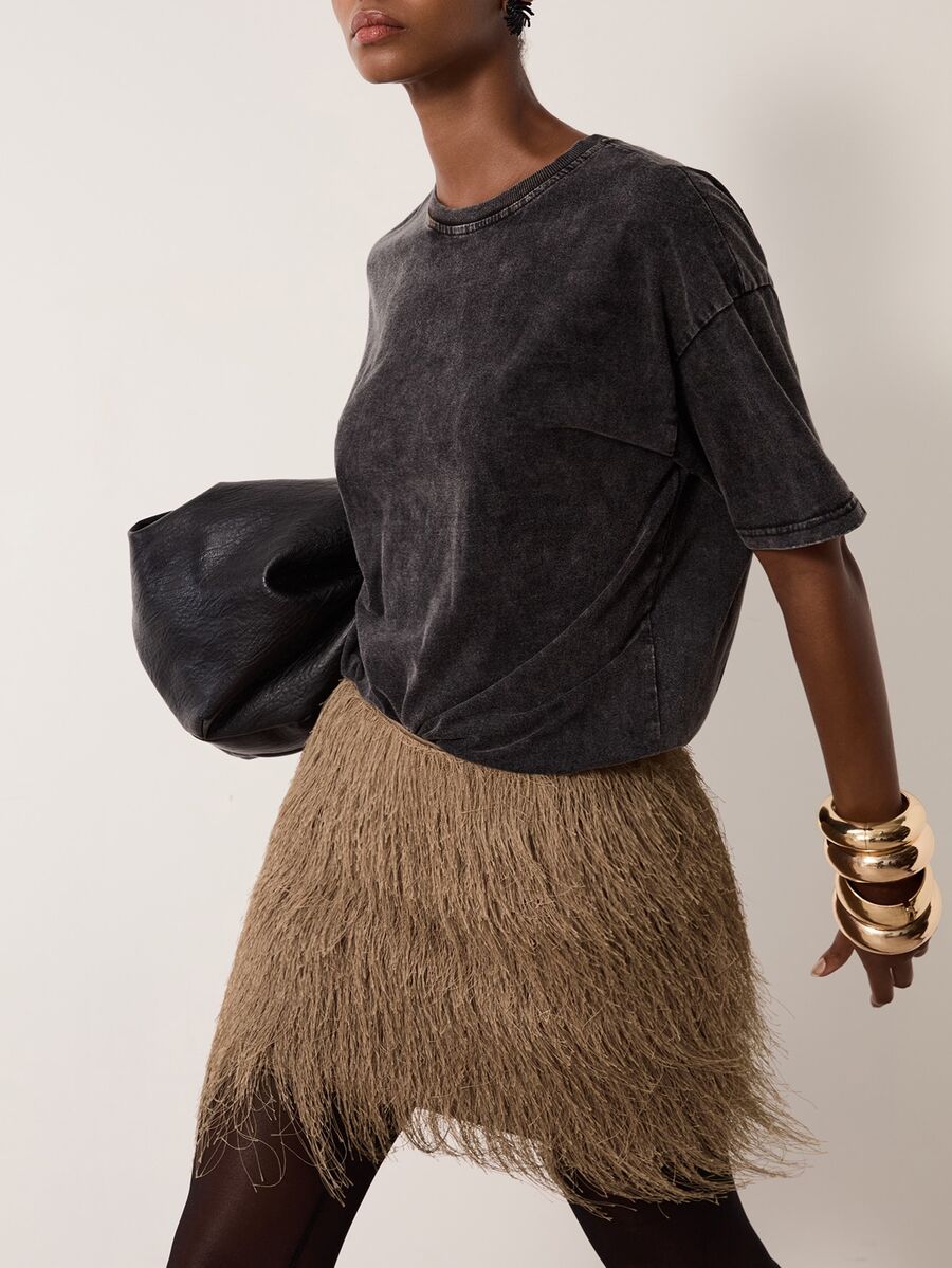 MERLEAU Women's Modern Faux Fur Tassel Mini Skirt - Brown - View 1