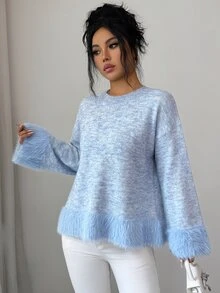 Elenzga Sweater Rajut Lengan Panjang Wanita Model Terbaru Musim Gugur, Kerah Bulat, Bahan Lembut, Potongan Longgar, Warna Polos, Serbaguna, Modis - Biru - View 6