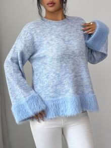 Elenzga Sweater Rajut Lengan Panjang Wanita Model Terbaru Musim Gugur, Kerah Bulat, Bahan Lembut, Potongan Longgar, Warna Polos, Serbaguna, Modis - Biru - View 7