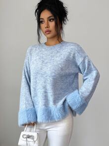 Elenzga Sweater Rajut Lengan Panjang Wanita Model Terbaru Musim Gugur, Kerah Bulat, Bahan Lembut, Potongan Longgar, Warna Polos, Serbaguna, Modis - Biru - View 3