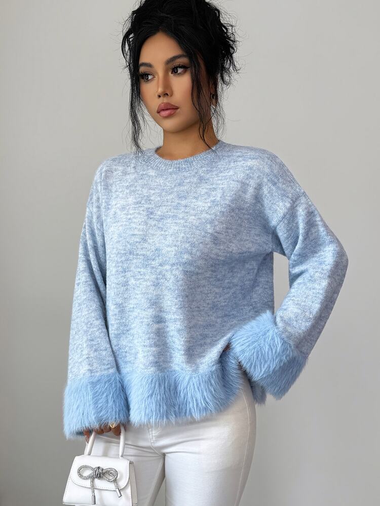 Elenzga 女款秋季新品單件圓領仿貂毛軟設計寬鬆合身素色百搭時尚針織長袖套頭毛衣 - 藍色 - 查看 3