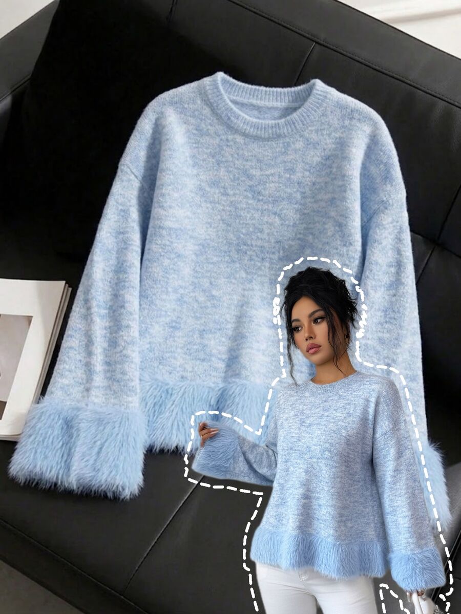 Elenzga Sweater Rajut Lengan Panjang Wanita Model Terbaru Musim Gugur, Kerah Bulat, Bahan Lembut, Potongan Longgar, Warna Polos, Serbaguna, Modis - Biru - View 1