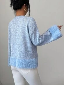 Elenzga Sweater Rajut Lengan Panjang Wanita Model Terbaru Musim Gugur, Kerah Bulat, Bahan Lembut, Potongan Longgar, Warna Polos, Serbaguna, Modis - Biru - View 2