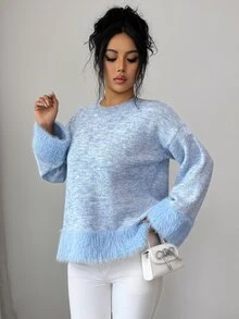 Elenzga Sweater Rajut Lengan Panjang Wanita Model Terbaru Musim Gugur, Kerah Bulat, Bahan Lembut, Potongan Longgar, Warna Polos, Serbaguna, Modis - Biru - View 4