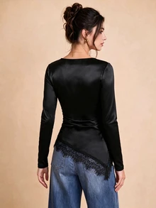 Selenza Women's Fashion Square Neck Long Sleeve Ruched Waist Lace Patchwork T-Shirt, Suitable For Spring And Autumn, Daily Commute, Date, Outing, Vacation And Various Occasions, Fashionable Item - Black - View 2
