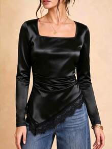 Selenza Women's Fashion Square Neck Long Sleeve Ruched Waist Lace Patchwork T-Shirt, Suitable For Spring And Autumn, Daily Commute, Date, Outing, Vacation And Various Occasions, Fashionable Item - Black - View 3