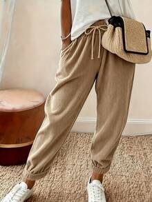 Wandoria Autumn/Winter Holiday Daily Commute Casual Drawstring Elastic Waist Corduroy Tapered Harem Long Pants Solid Color Khaki - Khaki - View 3