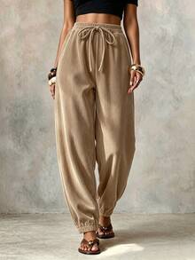 Wandoria Autumn/Winter Holiday Daily Commute Casual Drawstring Elastic Waist Corduroy Tapered Harem Long Pants Solid Color Khaki - Khaki - View 1