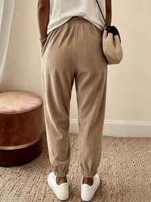 Wandoria Autumn/Winter Holiday Daily Commute Casual Drawstring Elastic Waist Corduroy Tapered Harem Long Pants Solid Color Khaki - Khaki - View 2