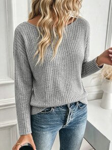 Louniche 女款船領打結羅紋毛絨舒適T恤，秋季服飾 - 灰色 - 查看 9