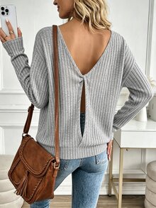 Louniche 女款船領打結羅紋毛絨舒適T恤，秋季服飾 - 灰色 - 查看 2