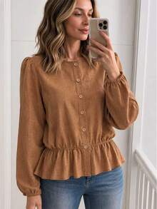 Yunfilé Lantern Sleeve Ruffle Hem Top - Brown - View 3