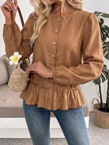 Yunfilé Lantern Sleeve Ruffle Hem Top - Brown - View 5