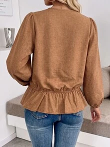 Yunfilé Lantern Sleeve Ruffle Hem Top - Brown - View 2